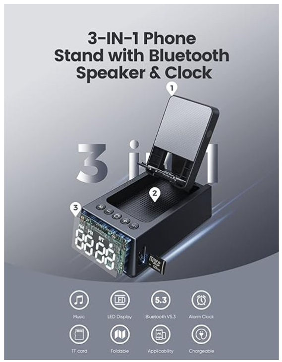 Thumbnail: Cell Phone Stand with Wireless Bluetooth Speaker & Alarm Clock
