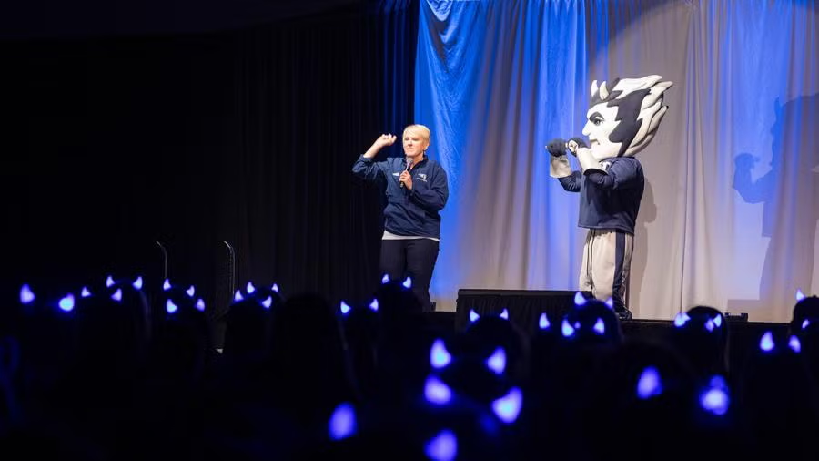 Chancellor Katherine Frank speaks at the Blue Rah celebration for incoming freshmen.