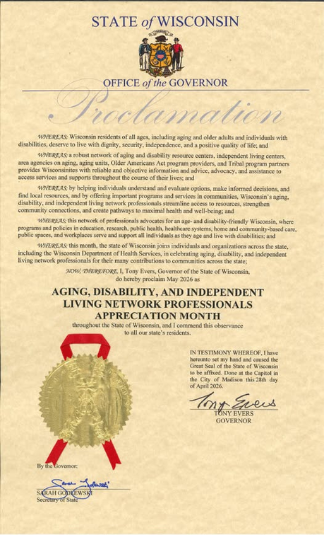 May 2026 Declared Aging, Disability, and Independent Living Network Professionals Appreciation Month in Wisconsin