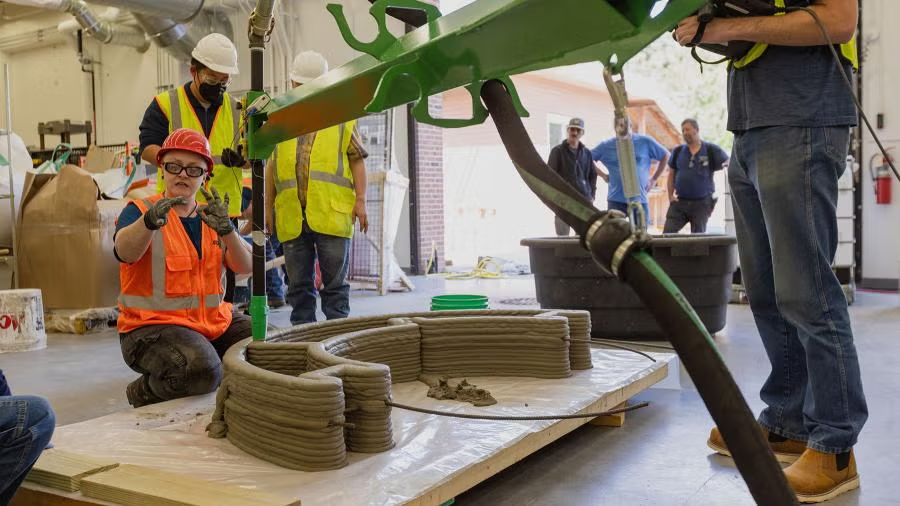 An employee from Alquist, left, talks to members of the UW-Stout Polytechnic community about the operation of a 3D concrete printer.