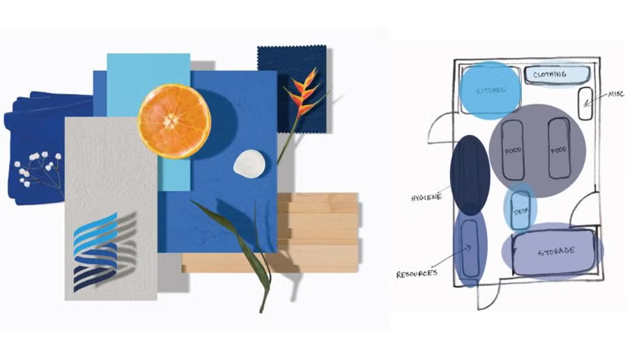 A mood board and layout from Klaire Johnson and Emma Walstra's design proposal