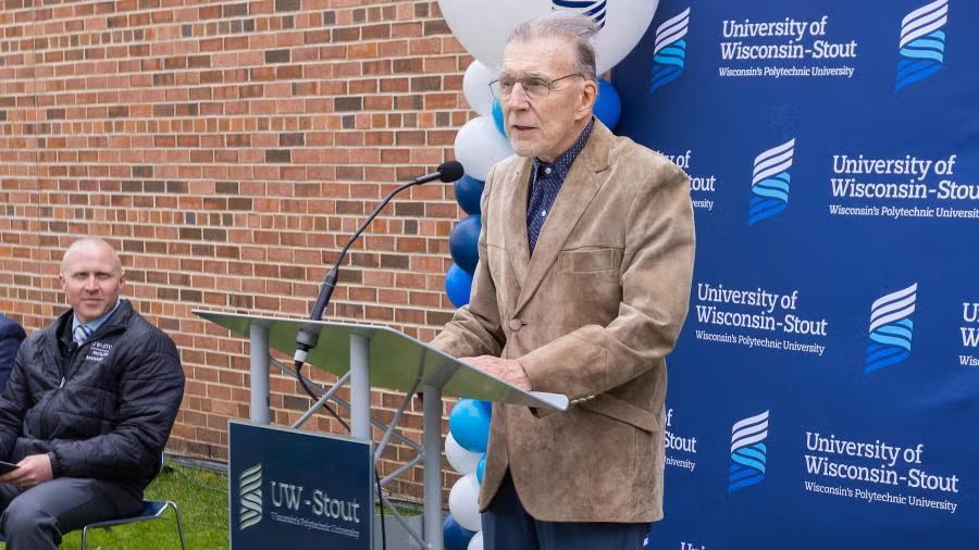 Dallas Pankowski, a UW-Stout alum who, with his wife, Edye, donated $5 million toward the project, speaks at the groundbreaking event.