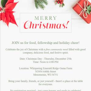 Free Christmas Day Meal at Whispering Emerald Ridge Game Farm - December 25th
