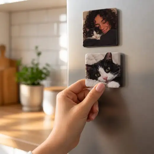 Mão colando ímãs com fotos de gato na porta da geladeira