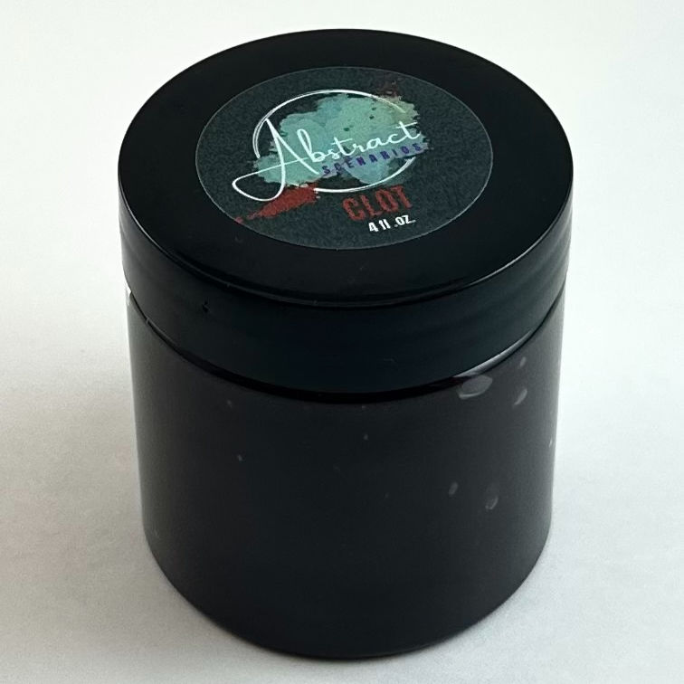 Closed jar of darkly colored blood gel, Clot
