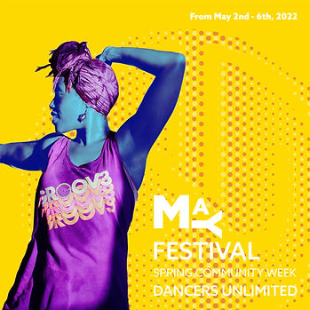 Flyer of the Dancers Unlimited Spring Community Week. A woman dancing with her hand up against a yellow background