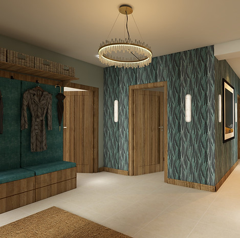 Hallway with blue patterned wallpaper, porcelain floor, bespoke storage bench, coat storage and a crystal ceiling light