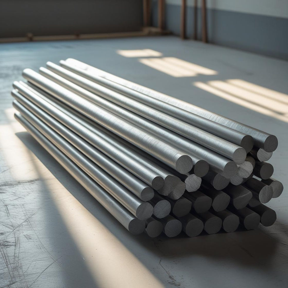 A stack of mild steel rods neatly arranged on a warehouse floor. The rods have a matte sil