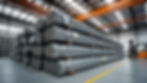 Interior of a steel rod storage warehouse — neatly stacked bundles of long steel rods arra
