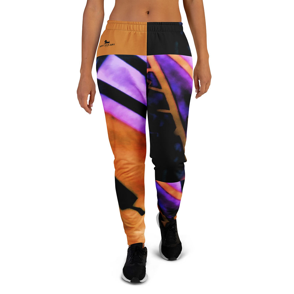 Abstract patterned sweatpants. Orange, purple and black design on stylish joggers. ArtDivaArt