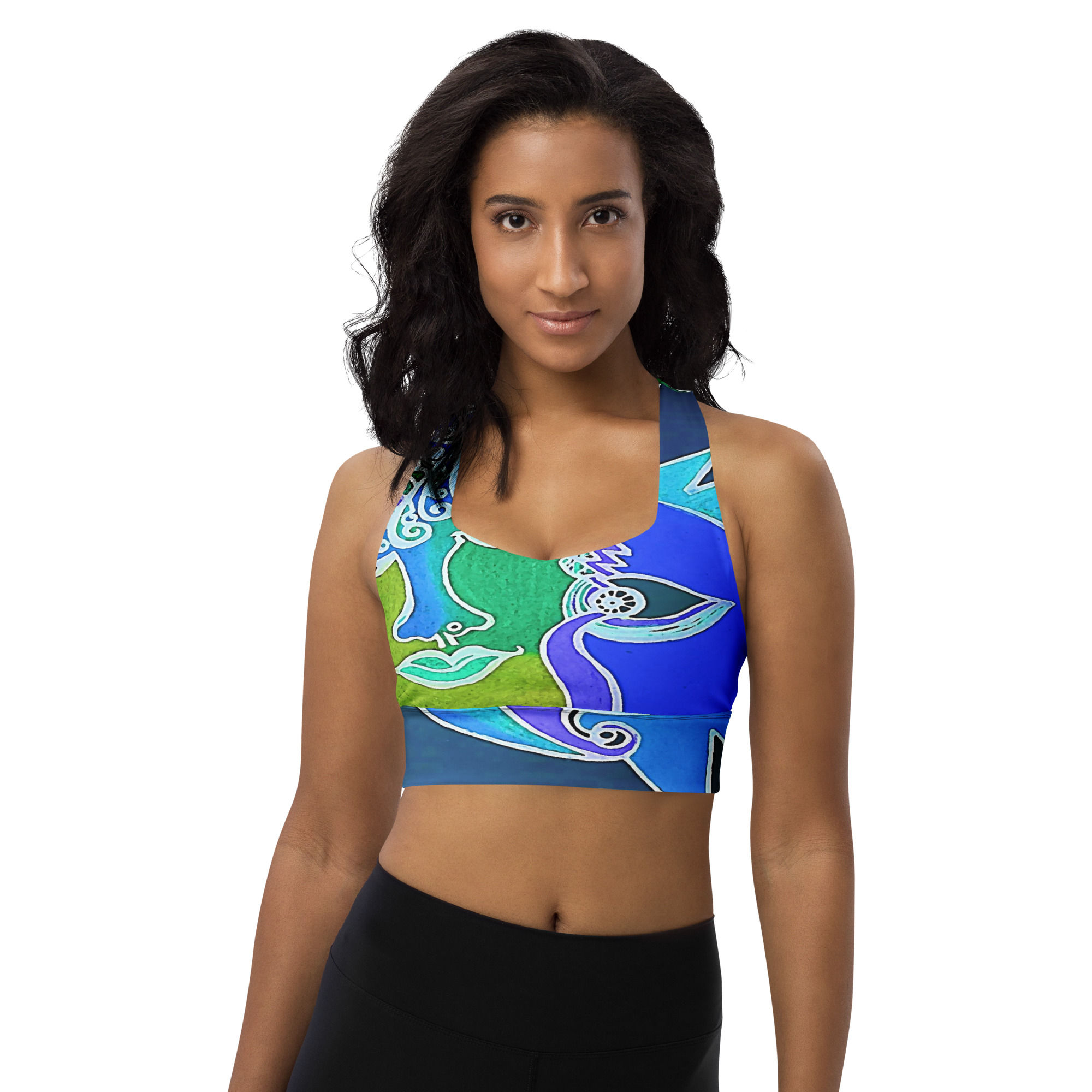Young woman wearing a colorful art print sports bra, ArtDivaArt, activewear fashion