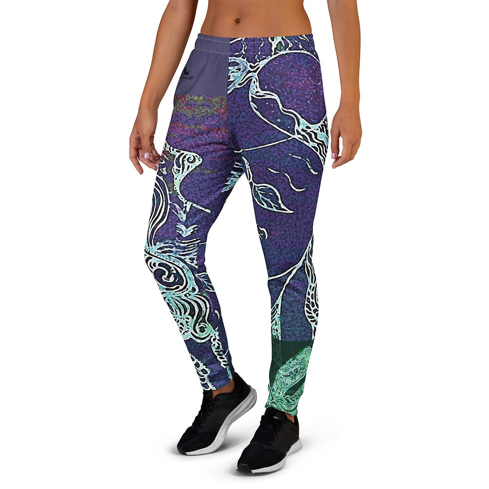 Thumbnail: Woman wearing patterned leggings, artistic design in purple and teal color, ArtDivaArt.