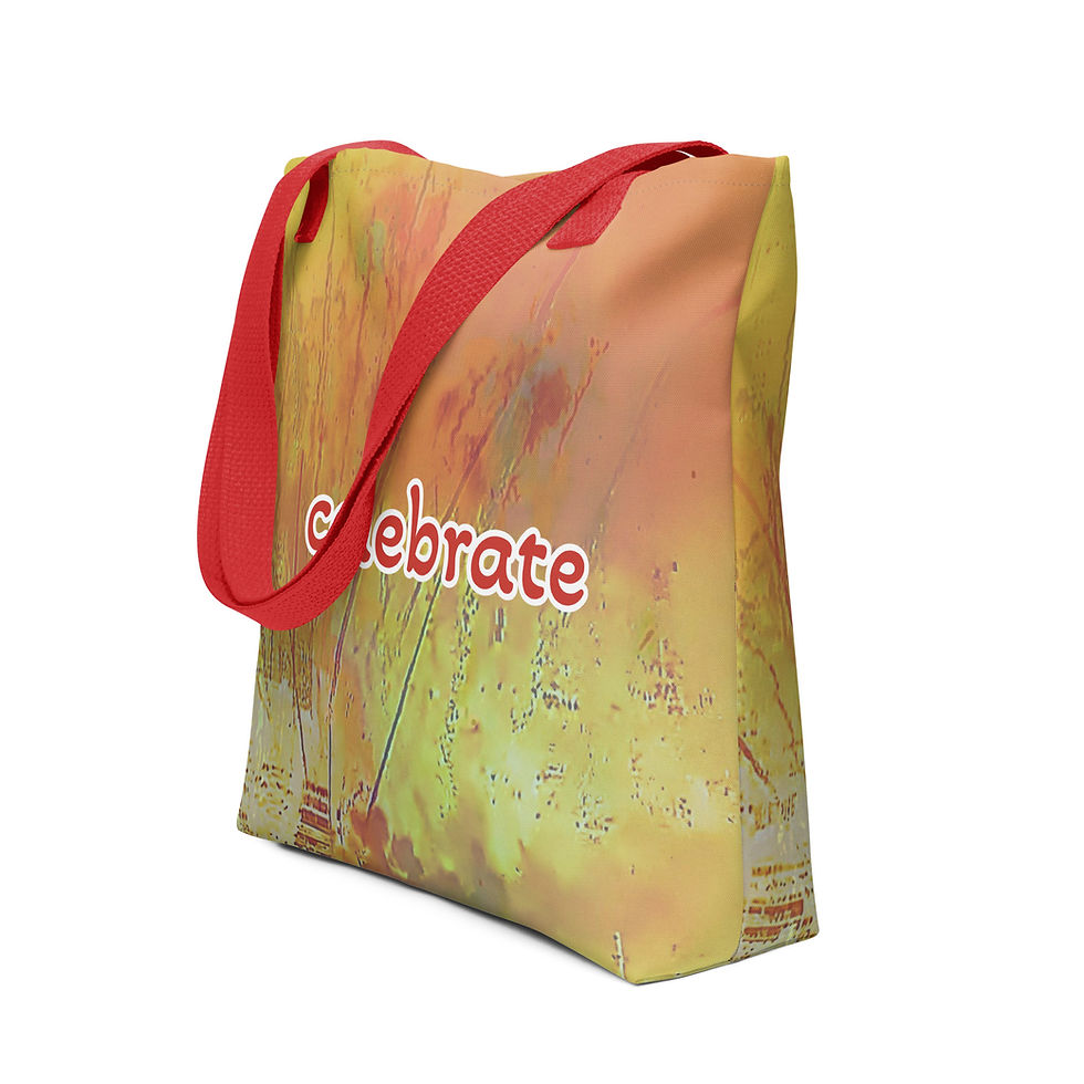 Colorful tote bag with the word celebrate, art background and red straps.