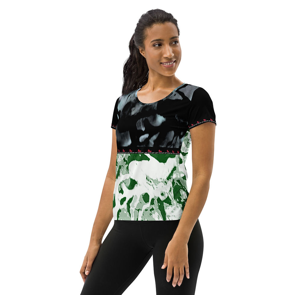 Thumbnail: Woman wearing Tina Flowers Zig Zag - Yoga Leggings, top with unique pattern, smiling.