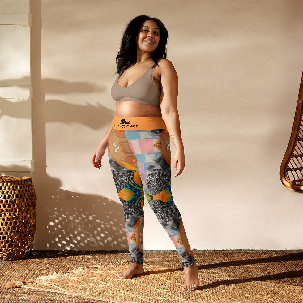 Thumbnail: Smiling woman wearing printed leggings and a bra top, Steampunk - Plus Size Leggings, looking happy.