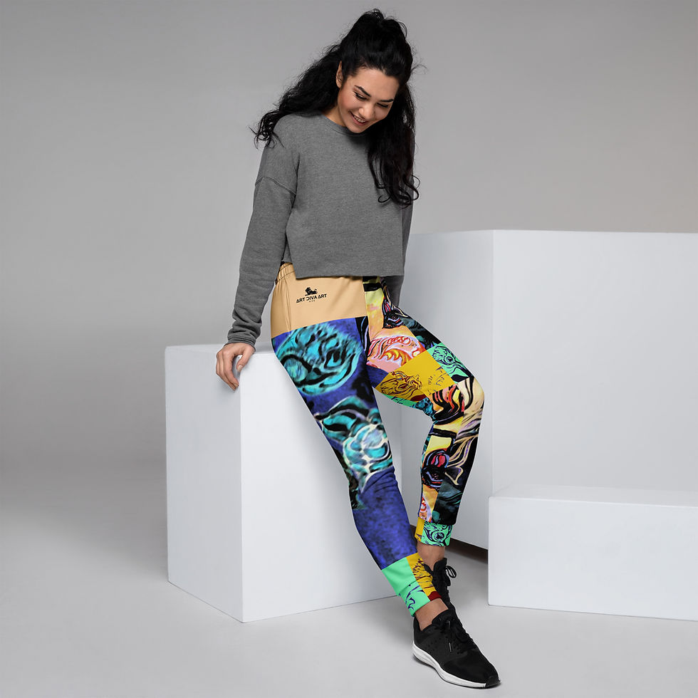 Thumbnail: Woman poses in leggings; colorful design. Steampunk Wave - Women's Athletic T-shirt. ArtDivaArt