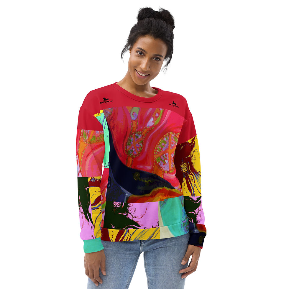 Woman wearing red JIMMI SHIRT - Unisex Sweatshirt with colorful abstract design, ArtDivaArt.