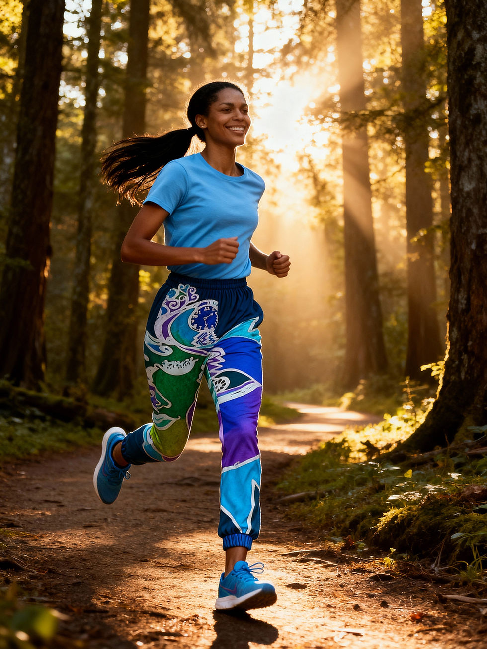 Woman running on a forest trail in athletic wear, ArtDivaArt.
