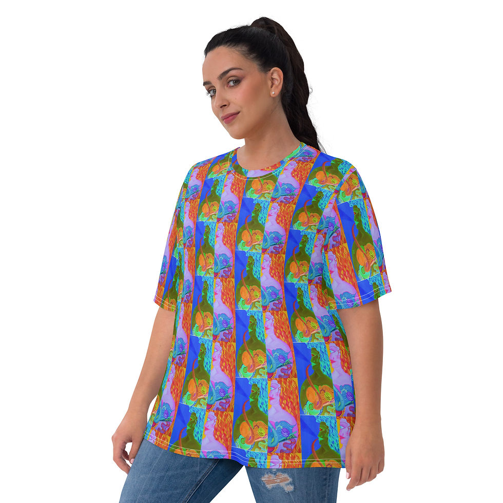 Thumbnail: Woman wearing colorful geometric pattern t-shirt. ArtDivaArt