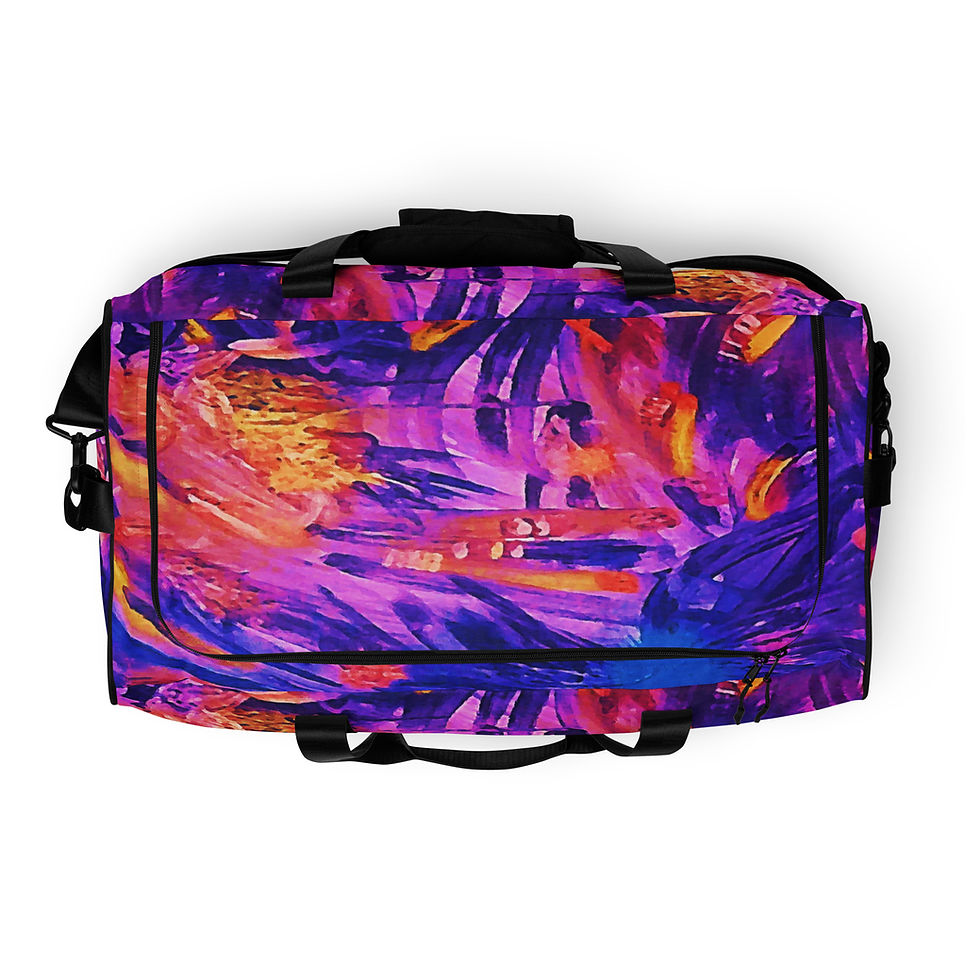 Thumbnail: Colorful printed bag art in purple and orange with black handles background