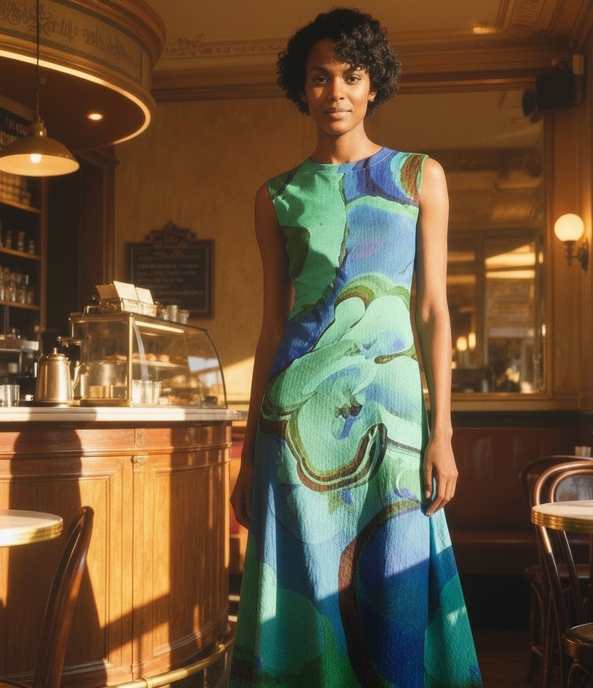 Woman wearing colorful dress smiles at a cafe with ArtDivaArt in the background