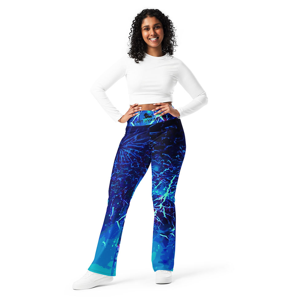 Woman wearing yoga pants. Blue pattern design. ArtDivaArt. Fashion and style.