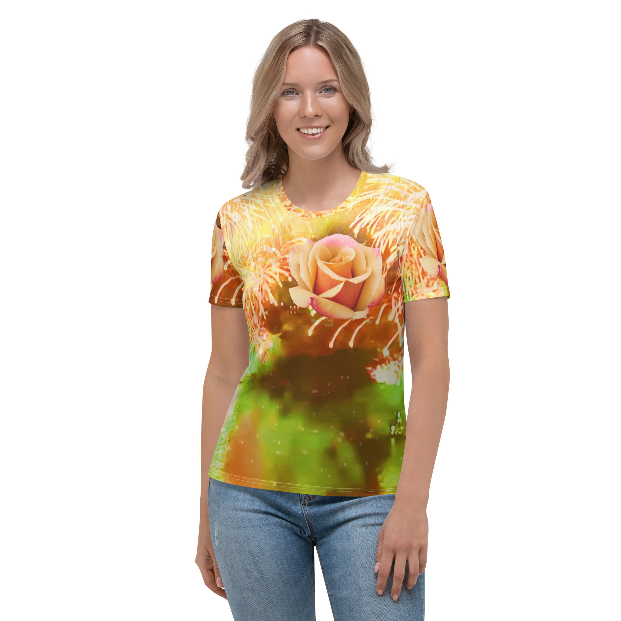 Woman wearing floral print FOUNTAIN - Women's T-shirt with rose design. ArtDivaArt.
