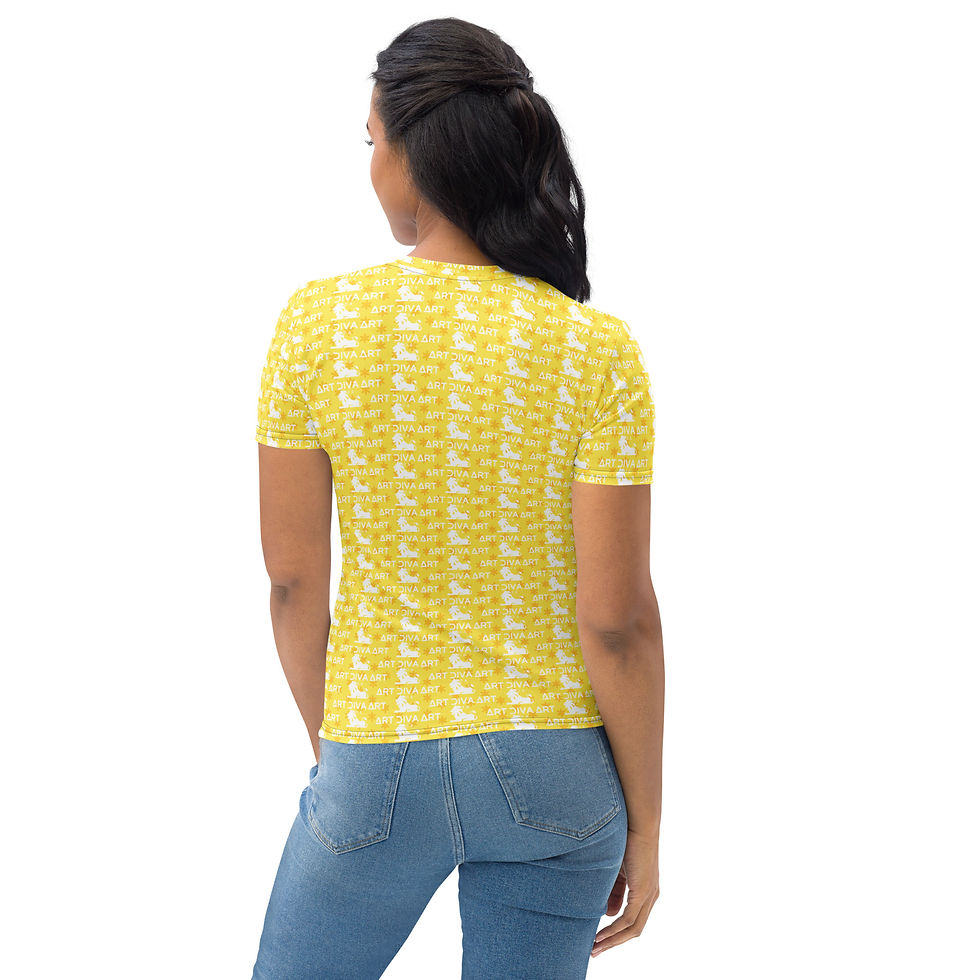 Thumbnail: Woman wearing yellow patterned t-shirt and jeans; back view. ArtDivaArt