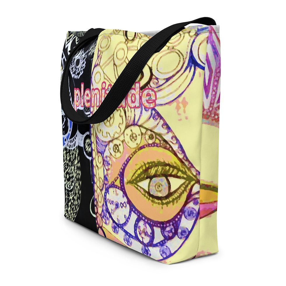 Colorful tote bag featuring decorative artwork with the word