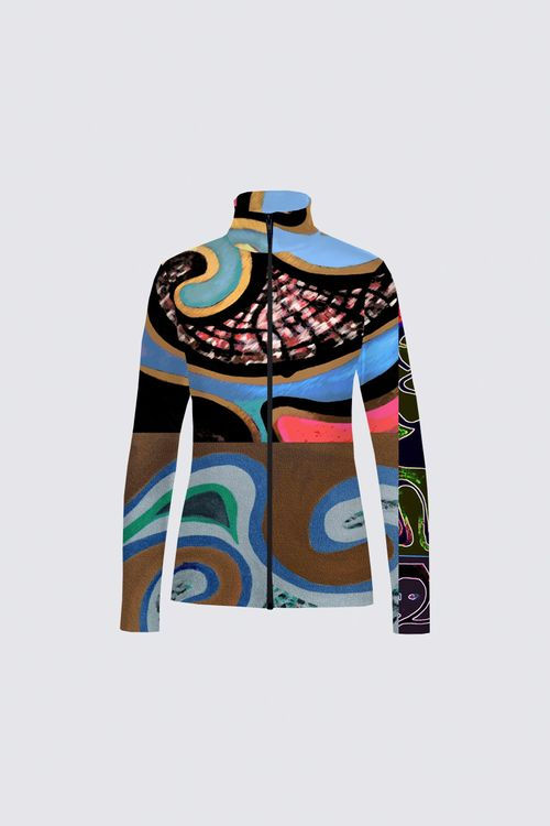 Thumbnail: Colorful zip-up jacket with artistic design, Two Walking M. - Crop Tee, unique pattern, stylish.