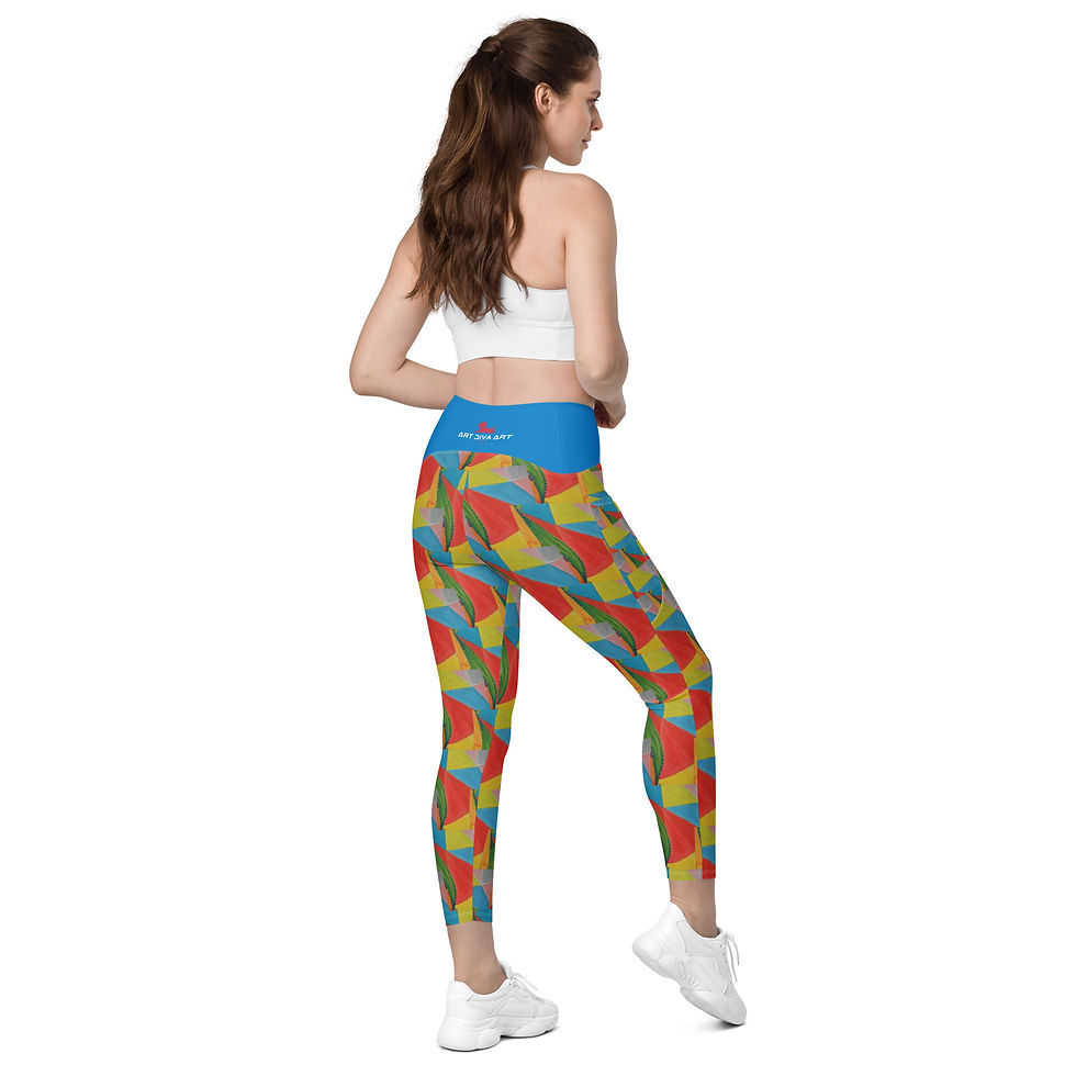 Woman wearing colorful leggings and white top. MIRAGE II - Longline Sports Bra. ArtDivaArt