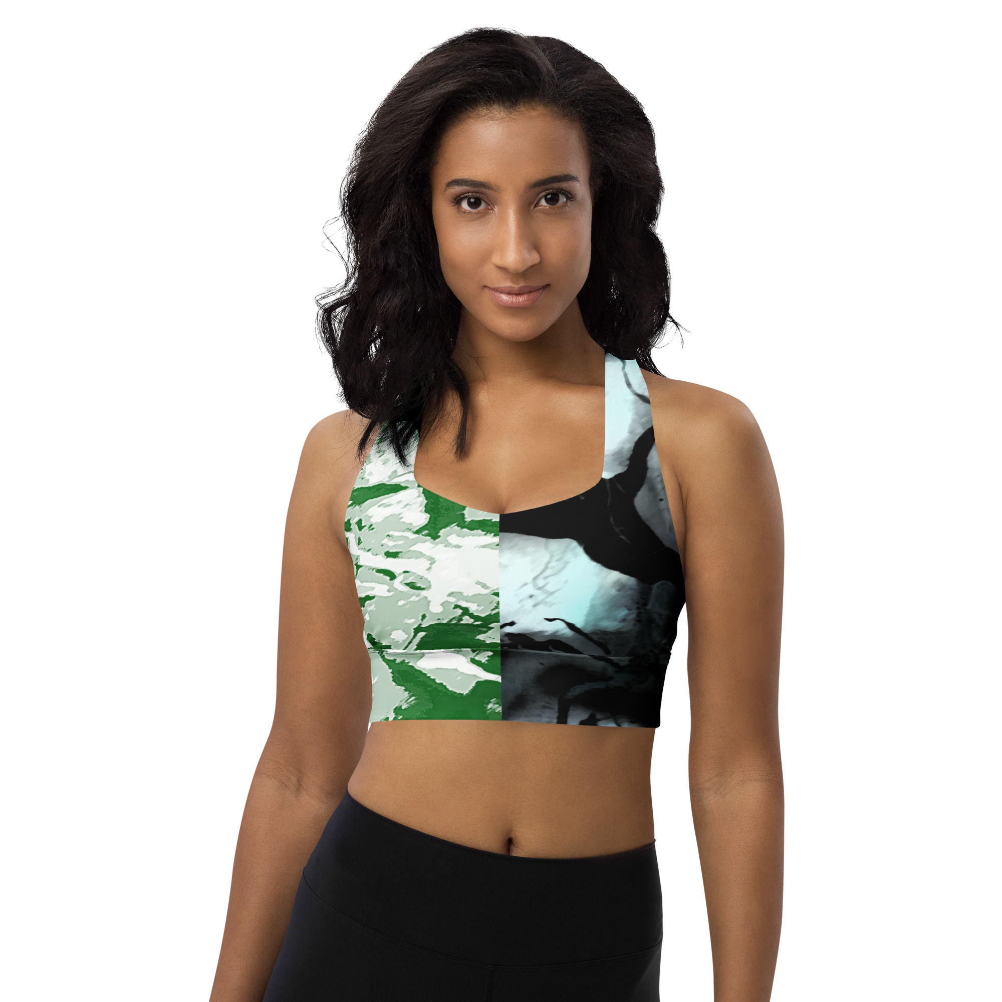 Woman wearing SURREAL - Longline Sports Bra with green and black print ArtDivaArt