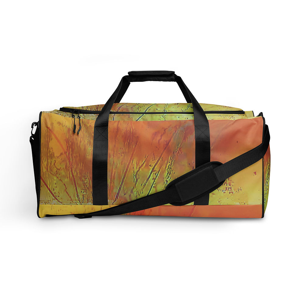 Duffle bag featuring an artistic abstract design in yellow and orange colors ArtDivaArt