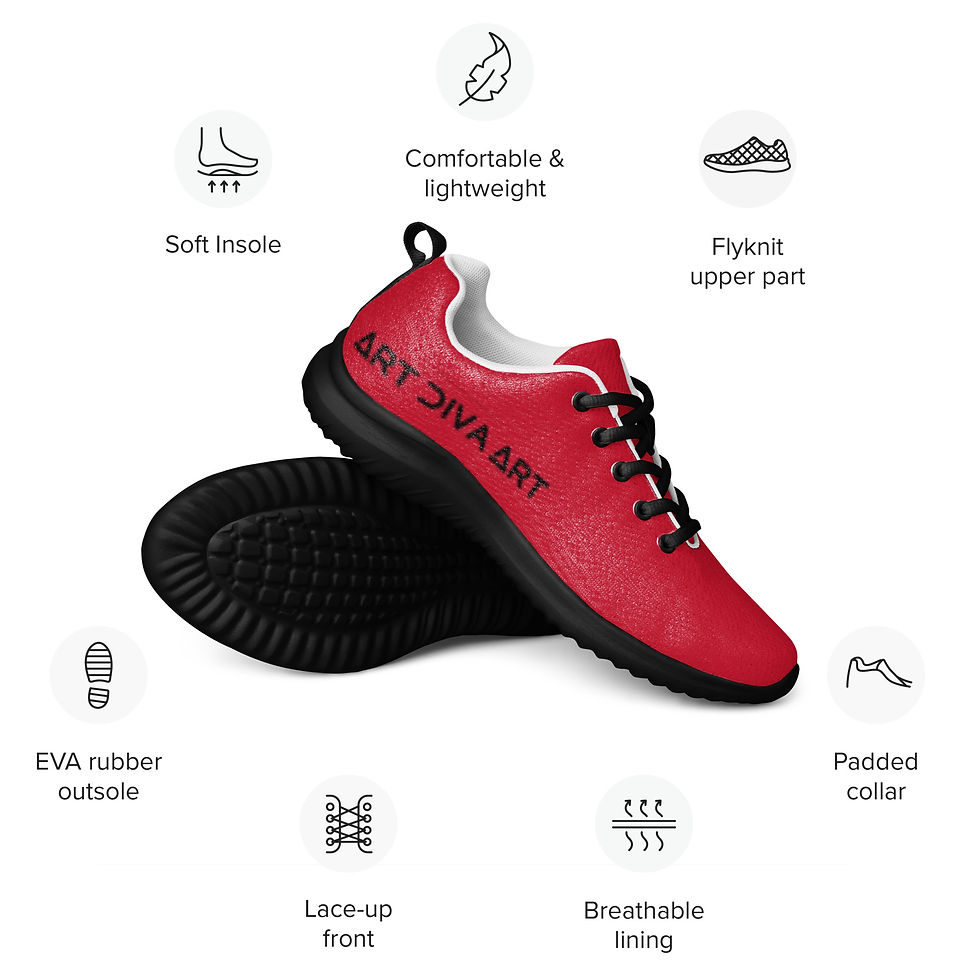 Red shoe with ArtDivaArt text and comfortable lightweight design, soft sole.