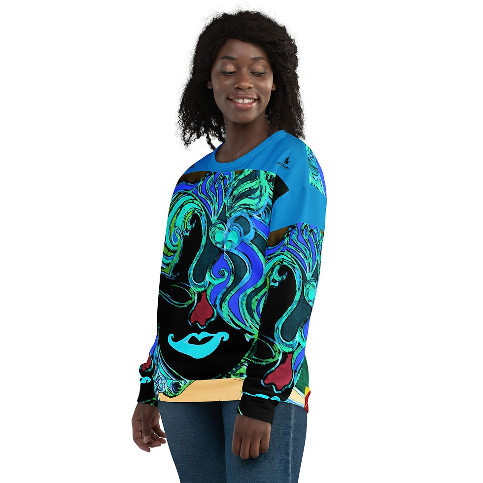 Thumbnail: Smiling woman wearing blue art sweatshirt, Sunflower Faces III - Unisex Sweatshirt ArtDivaArt
