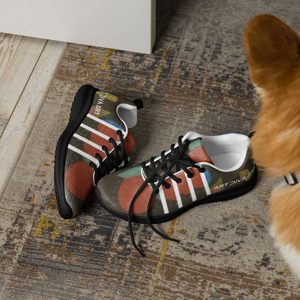 Thumbnail: Pair of colorful sneakers with dog in background on patterned rug