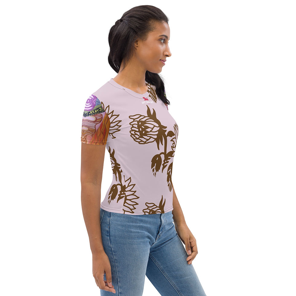 Thumbnail: Woman wearing floral print t-shirt. Hero - Women's T-shirt. Light pink background. ArtDivaArt
