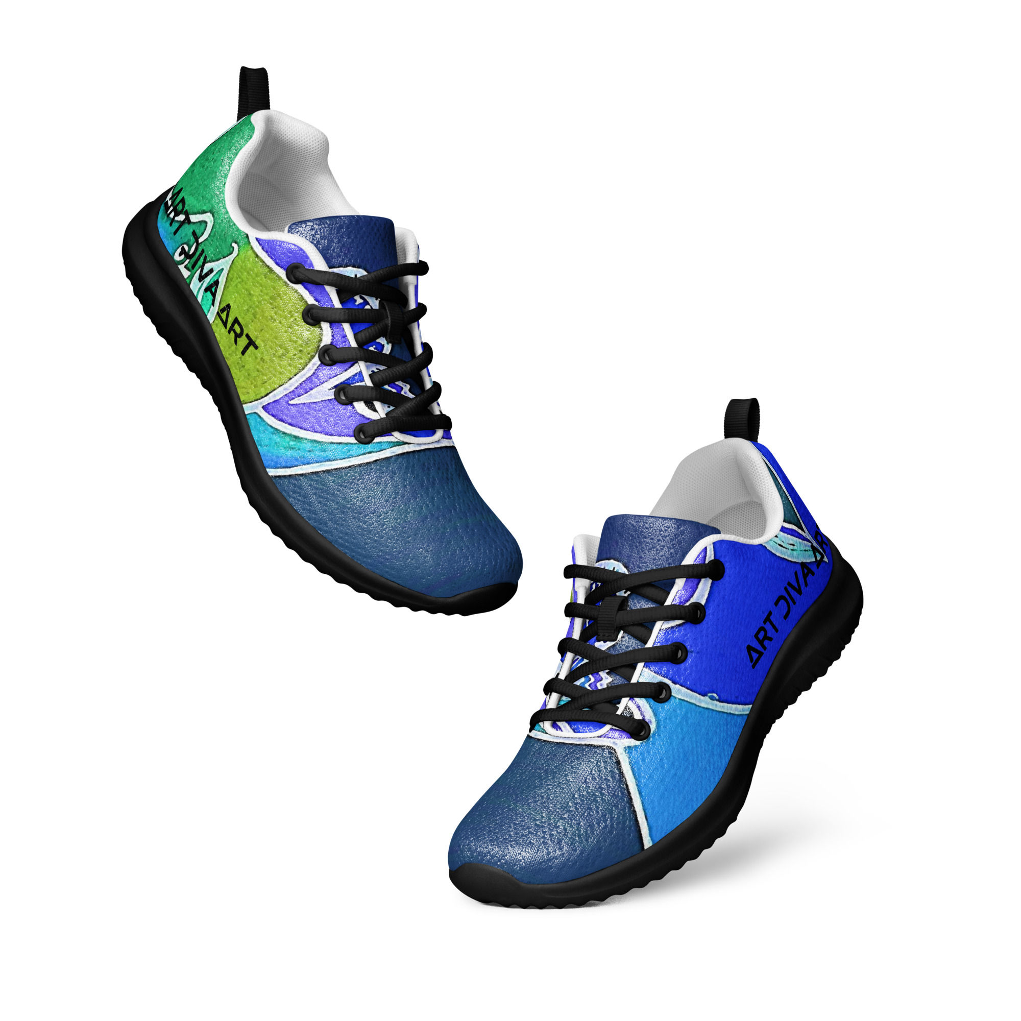 Two athletic shoes with colorful designs and the words ArtDivaArt on them.