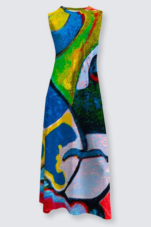 Abstract art dress in blue, yellow and green colors on a white background ArtDivaArt