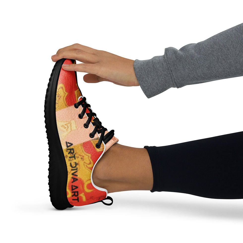 Thumbnail: Person stretching with ArtDivaArt shoe featuring orange and yellow abstract design