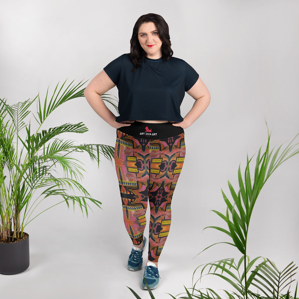 Woman wearing a black top and patterned leggings with green plants in background. ArtDivaArt