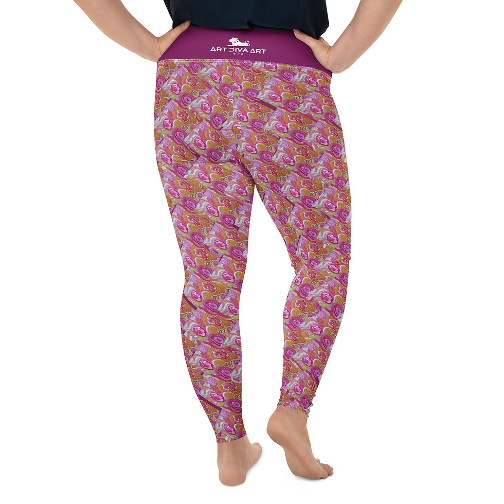 Thumbnail: Woman wearing Tina Flowers Zig Zag 2.0 - Plus Size Leggings with pink floral pattern ArtDivaArt