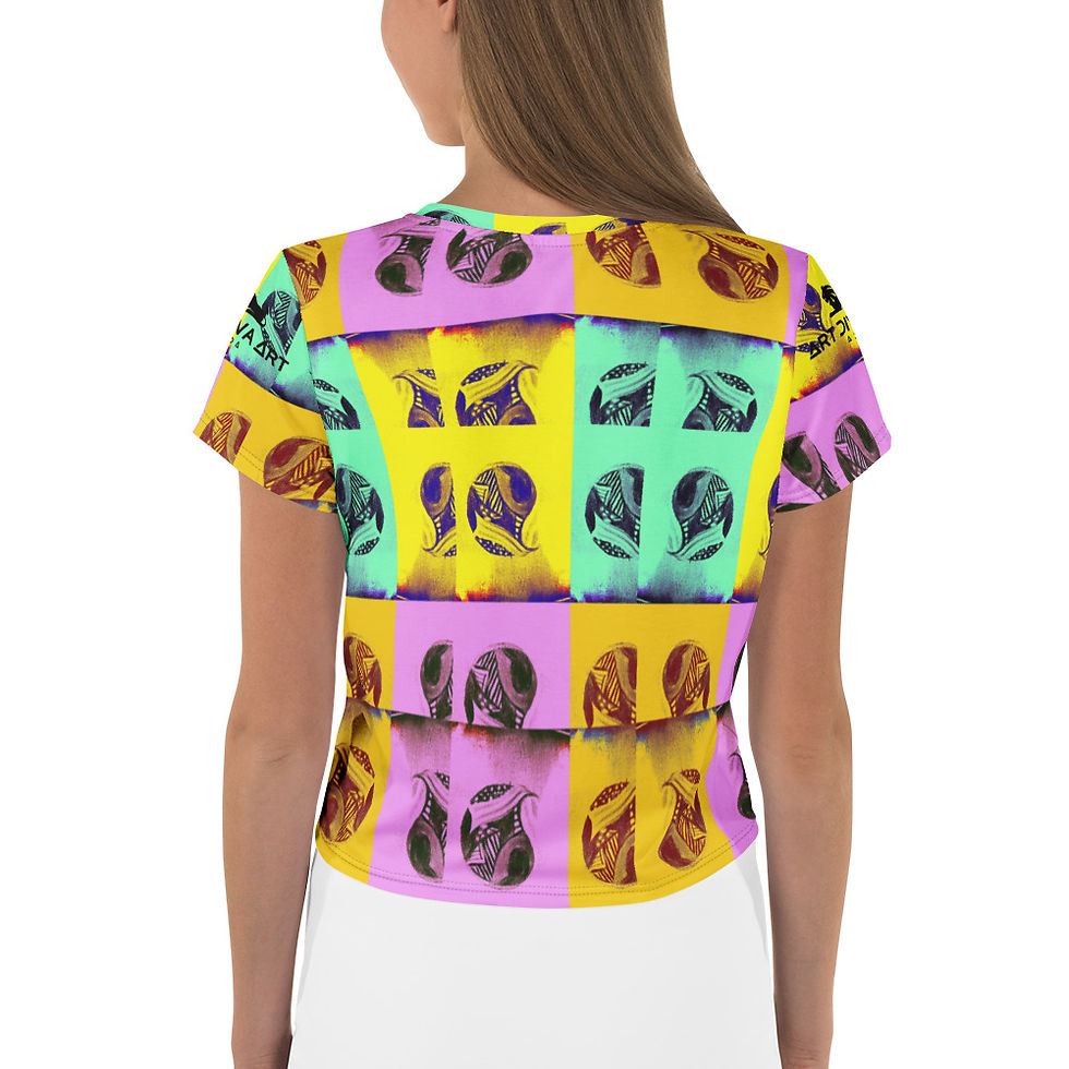 Thumbnail: Woman wearing Peeking Twin Ball - Crop Tee with colorful design in squares. ArtDivaArt