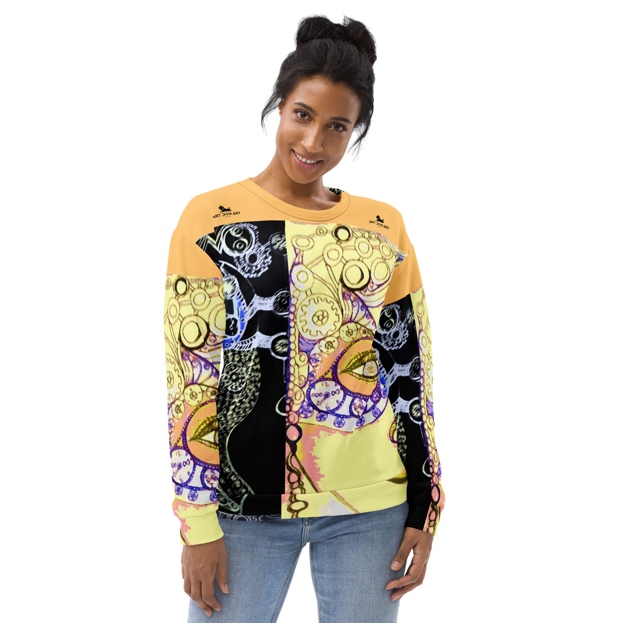 Woman wearing a colorful sweatshirt, SEANI - Unisex Sweatshirt, standing and smiling, ArtDivaArt.