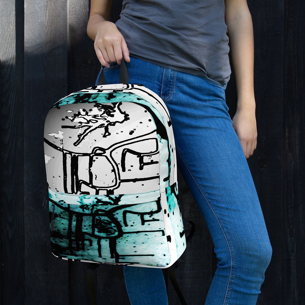 Thumbnail: A person holds a white backpack with turquoise art and text detail.