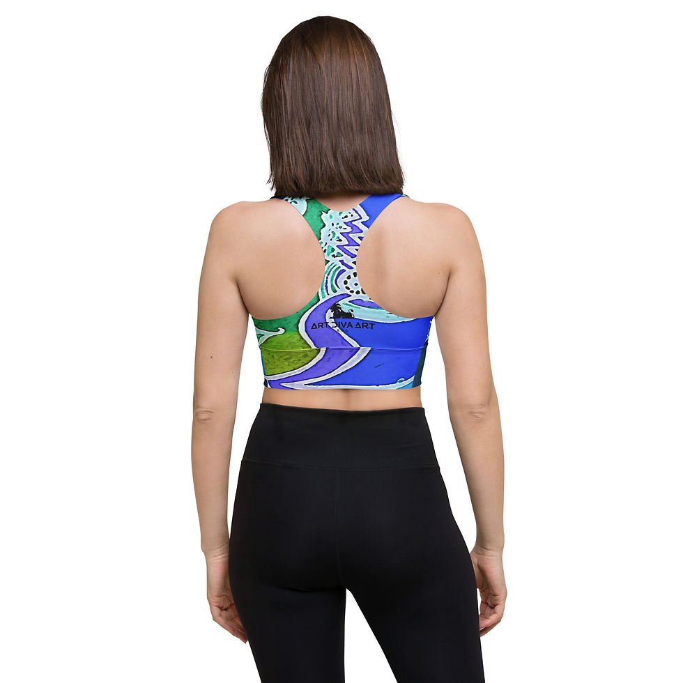 Thumbnail: Woman wearing colorful sports bra with blue design, ArtDivaArt, activewear fashion.