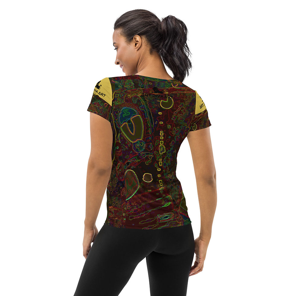 Woman wearing colorful patterned shirt, ArtDivaArt, activewear, yoga, and exercise clothing.