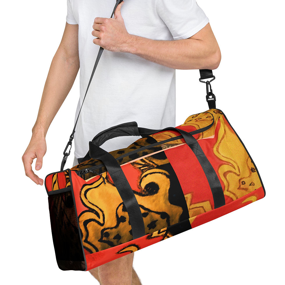 Man carrying a vibrant patterned red and yellow Lunar Tollgate - Backpack duffel bag.