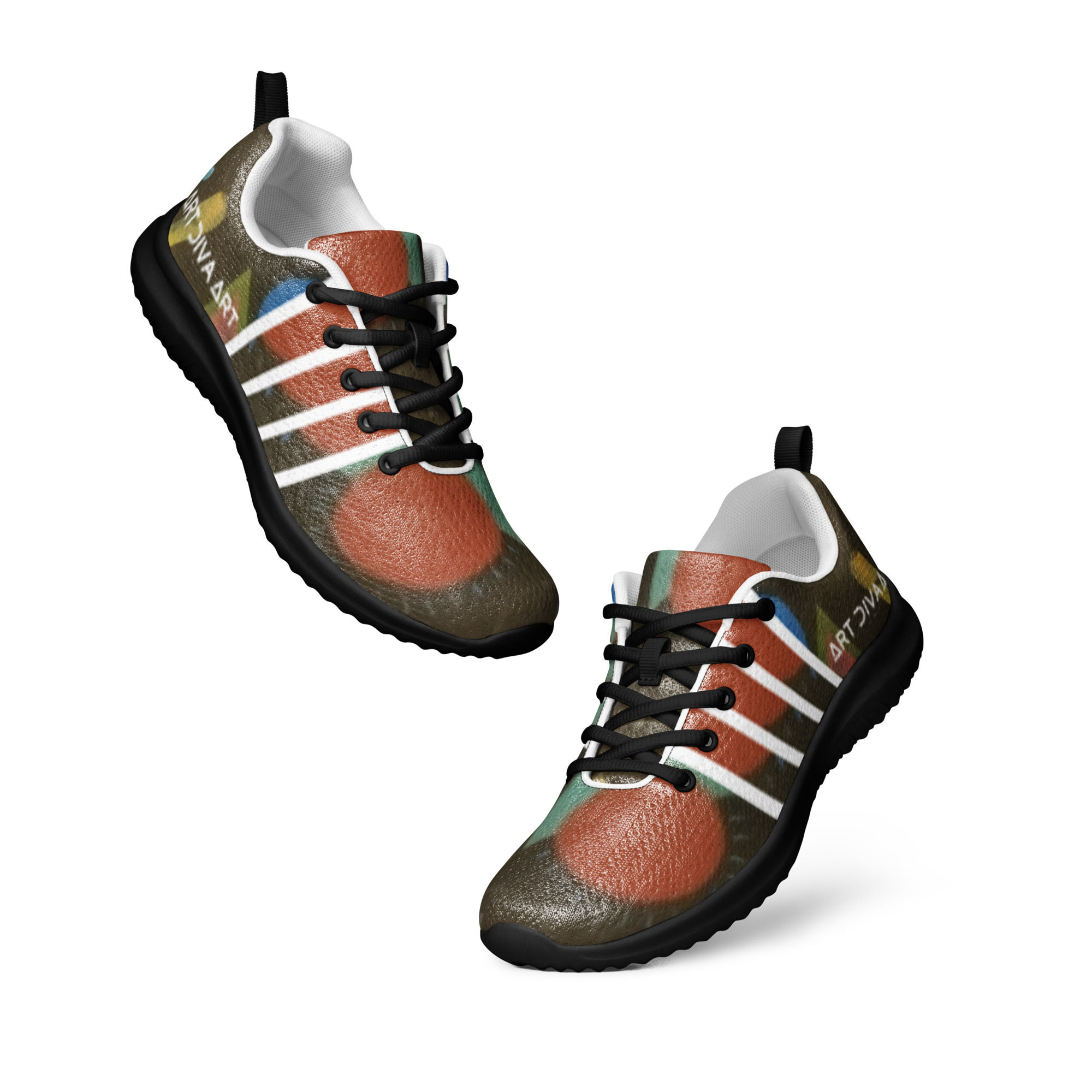 Pair of colorful sneakers with white stripes and black laces, ArtDivaArt.