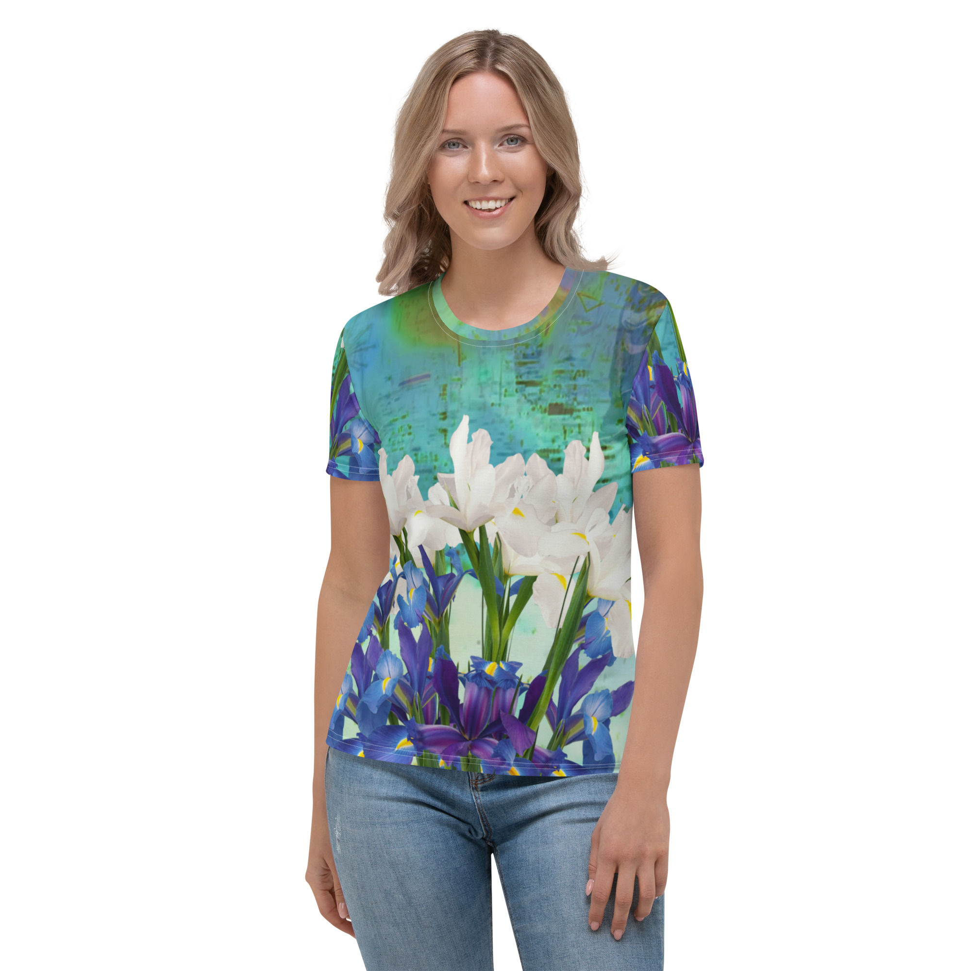 Woman wearing floral print T-shirt, LIBBI - Women's T-shirt, standing and smiling, ArtDivaArt